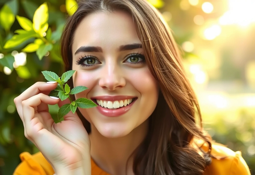 Femeie zâmbitoare care ține în mână plante verzi, simbolizând sănătatea naturală