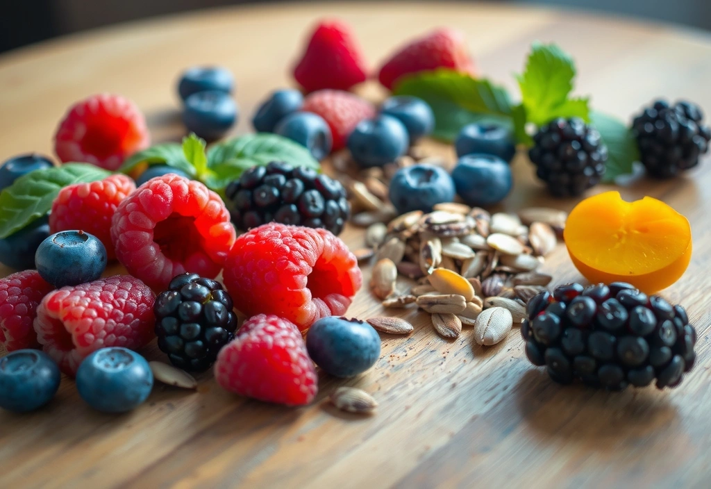 Diverse fructe de pădure proaspete și semințe pe o masă din lemn, evidențiind nutrienți esențiali.
