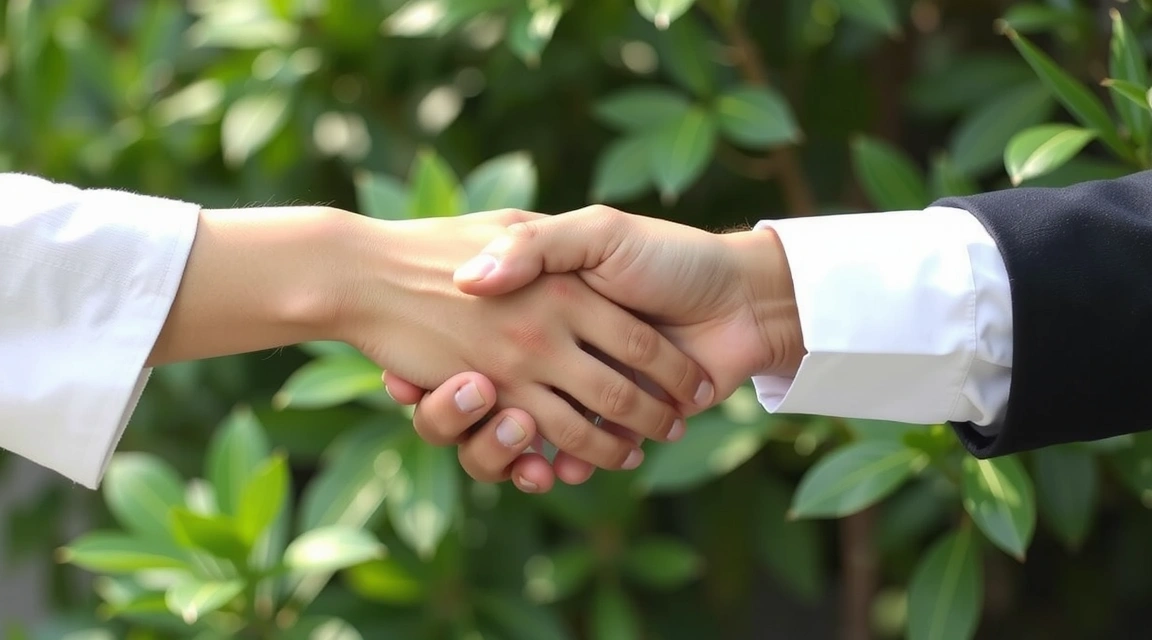 Două mâini care se strâng în semn de parteneriat, cu un fundal verde și elemente naturale