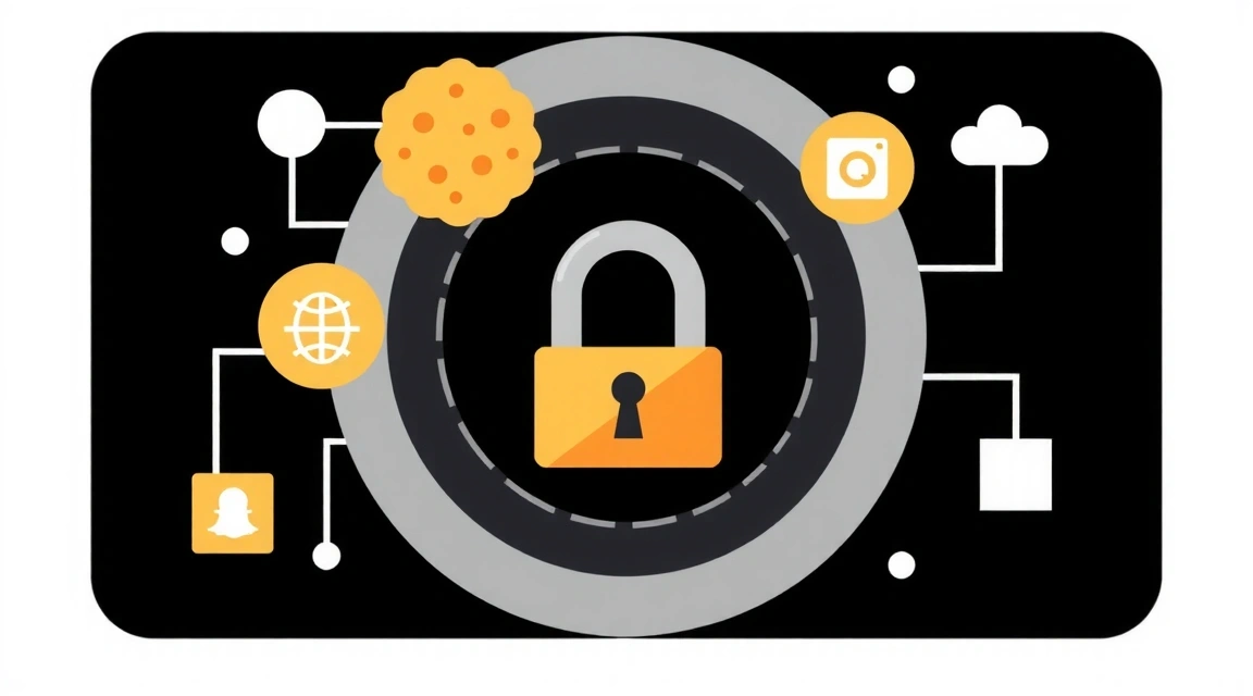 Ilustrație cu simboluri de cookie-uri și confidențialitate digitală