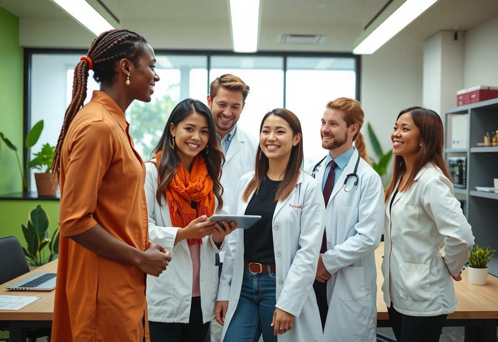 Imagine a echipei Nutrivitalbv zâmbind, o combinație diversă de experți în nutriție, oameni de știință și personal de suport, într-un mediu modern și luminos, sugerând colaborare și expertiză.