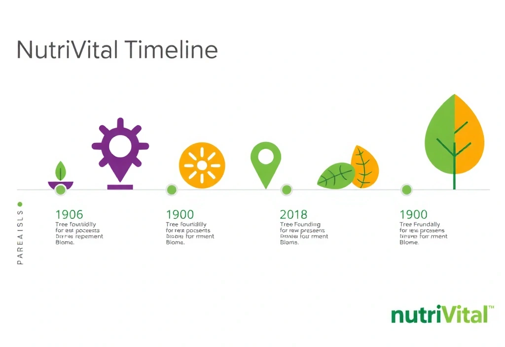 O reprezentare vizuală a unui timeline stilizat, cu puncte cheie marcate, ilustrând evoluția companiei Nutrivitalbv de la înființare până în prezent. Design modern, cu elemente de creștere și progres.