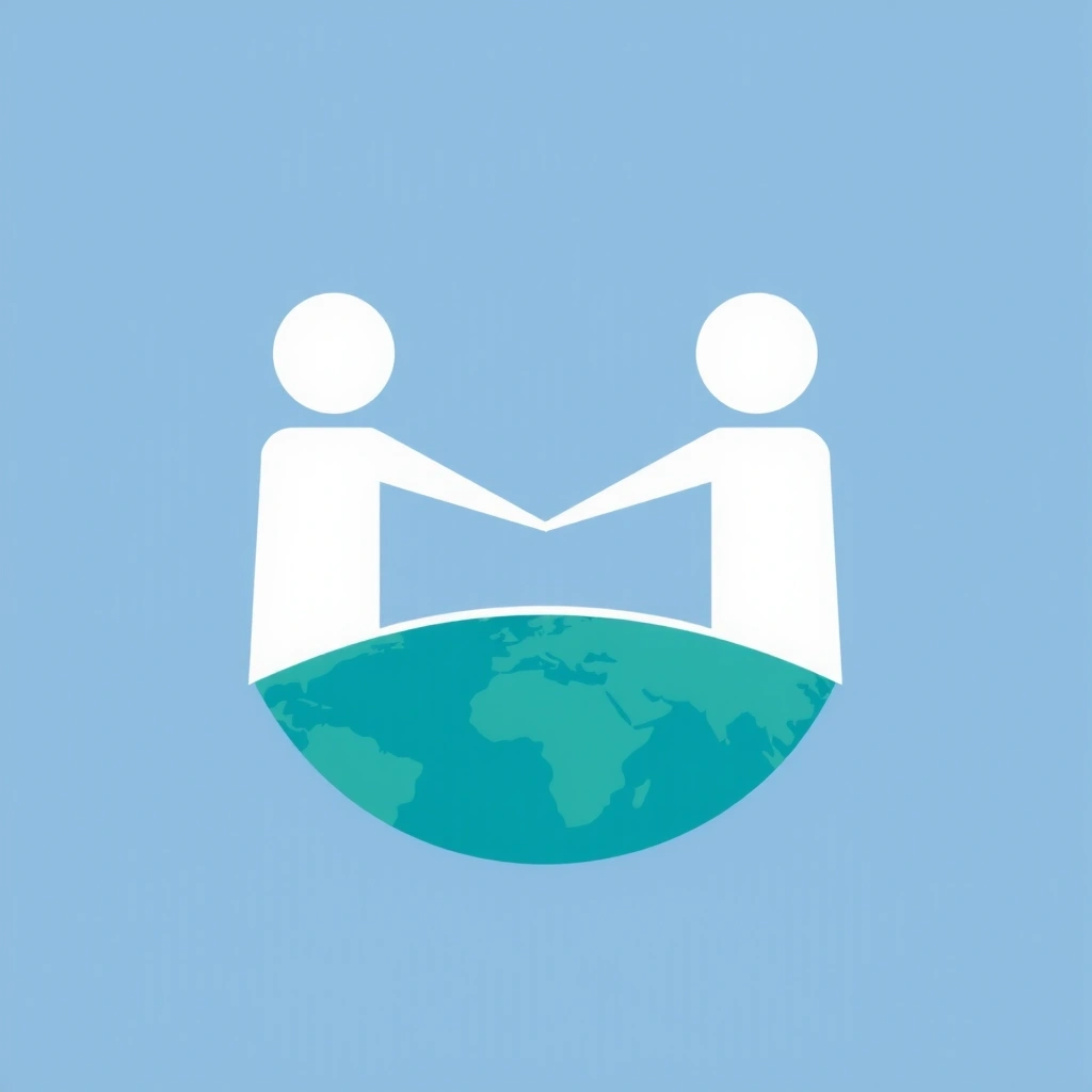 Pictogramă a doi oameni stilizați care se țin de mână pe un glob pământesc, reprezentând comunitatea și responsabilitatea socială.