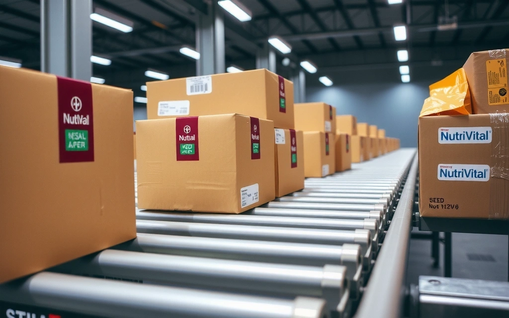 Cutii de livrare sigilate, pe o bandă transportoare, simbolizând procesul eficient de livrare a produselor Nutrivitalbv